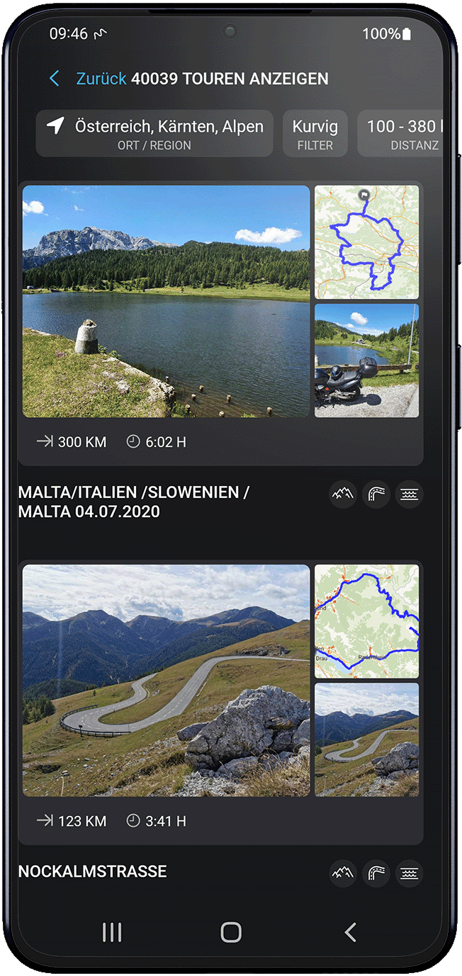 inspire android calimoto tour planning and route creation displayed on Android and iOS devices using mockups