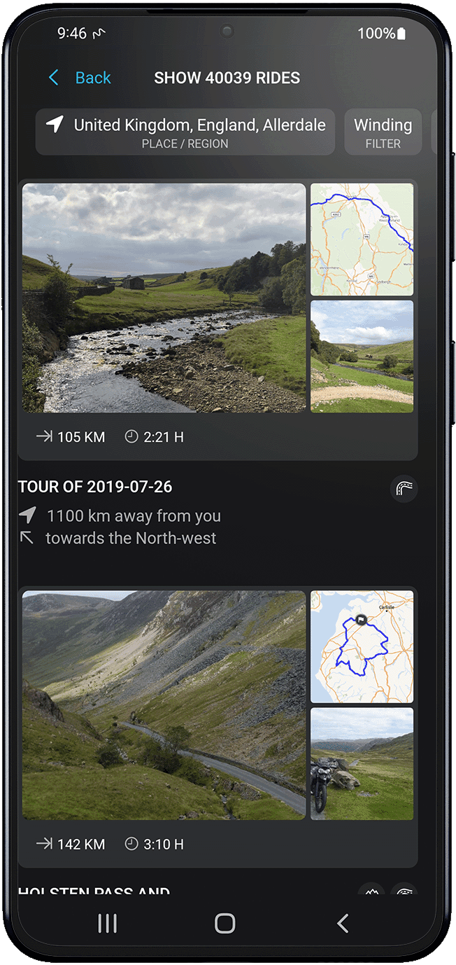 inspire android calimoto tour planning and route creation displayed on Android and iOS devices using mockups