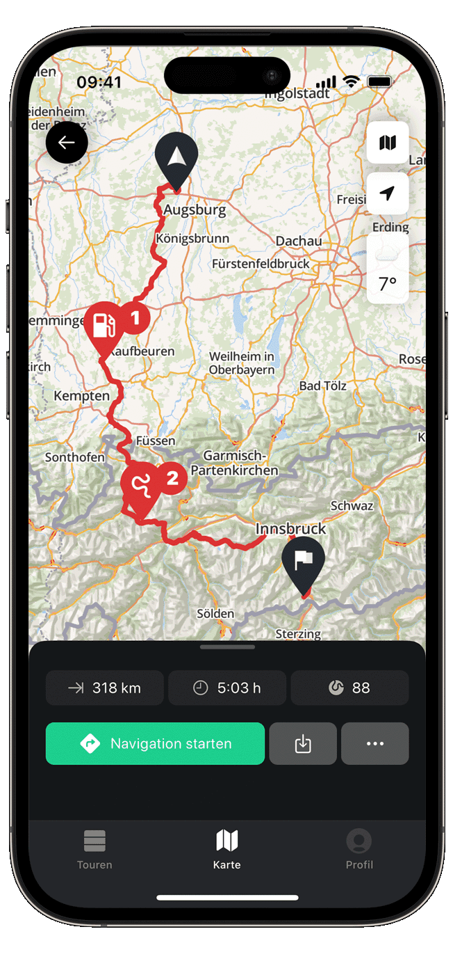 plan ios calimoto tour planning and route creation displayed on Android and iOS devices using mockups