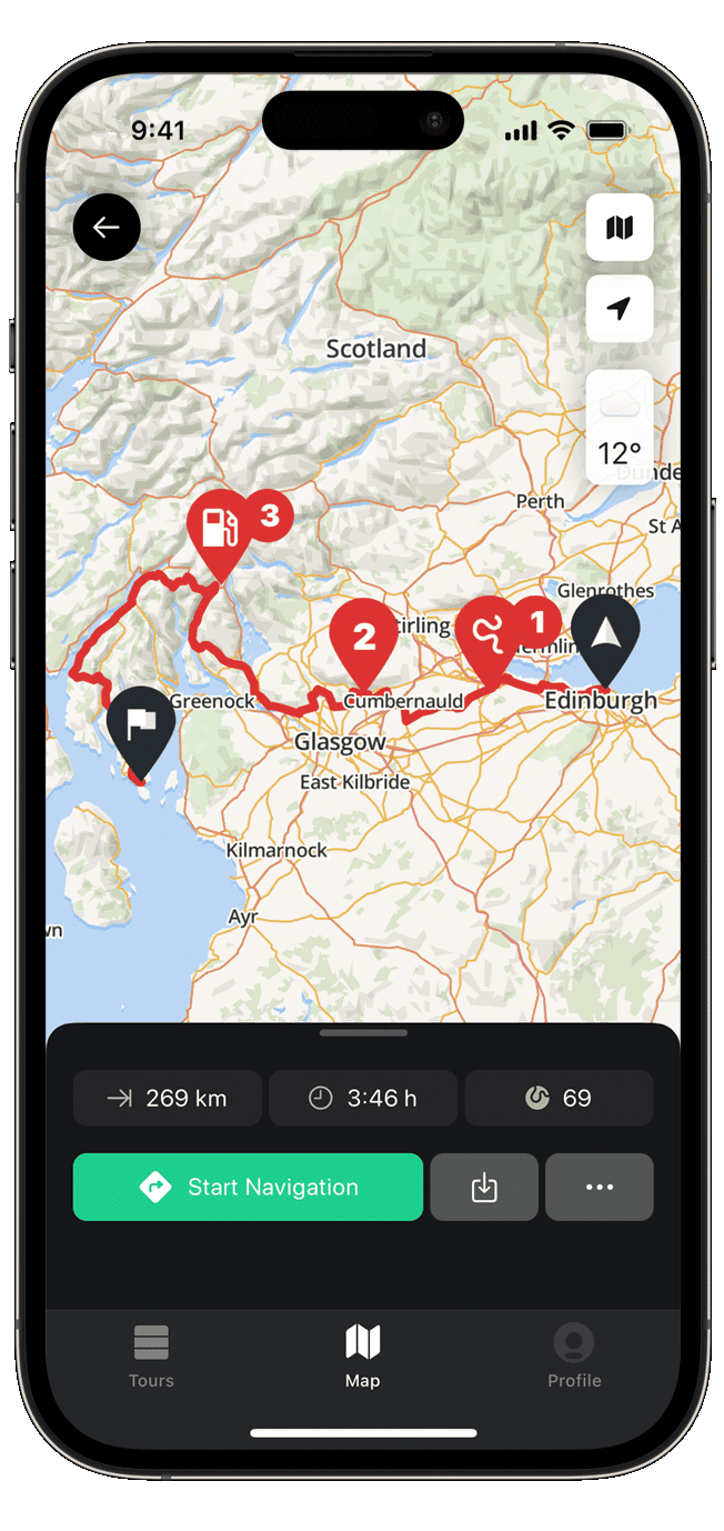 plan ios calimoto tour planning and route creation displayed on Android and iOS devices using mockups