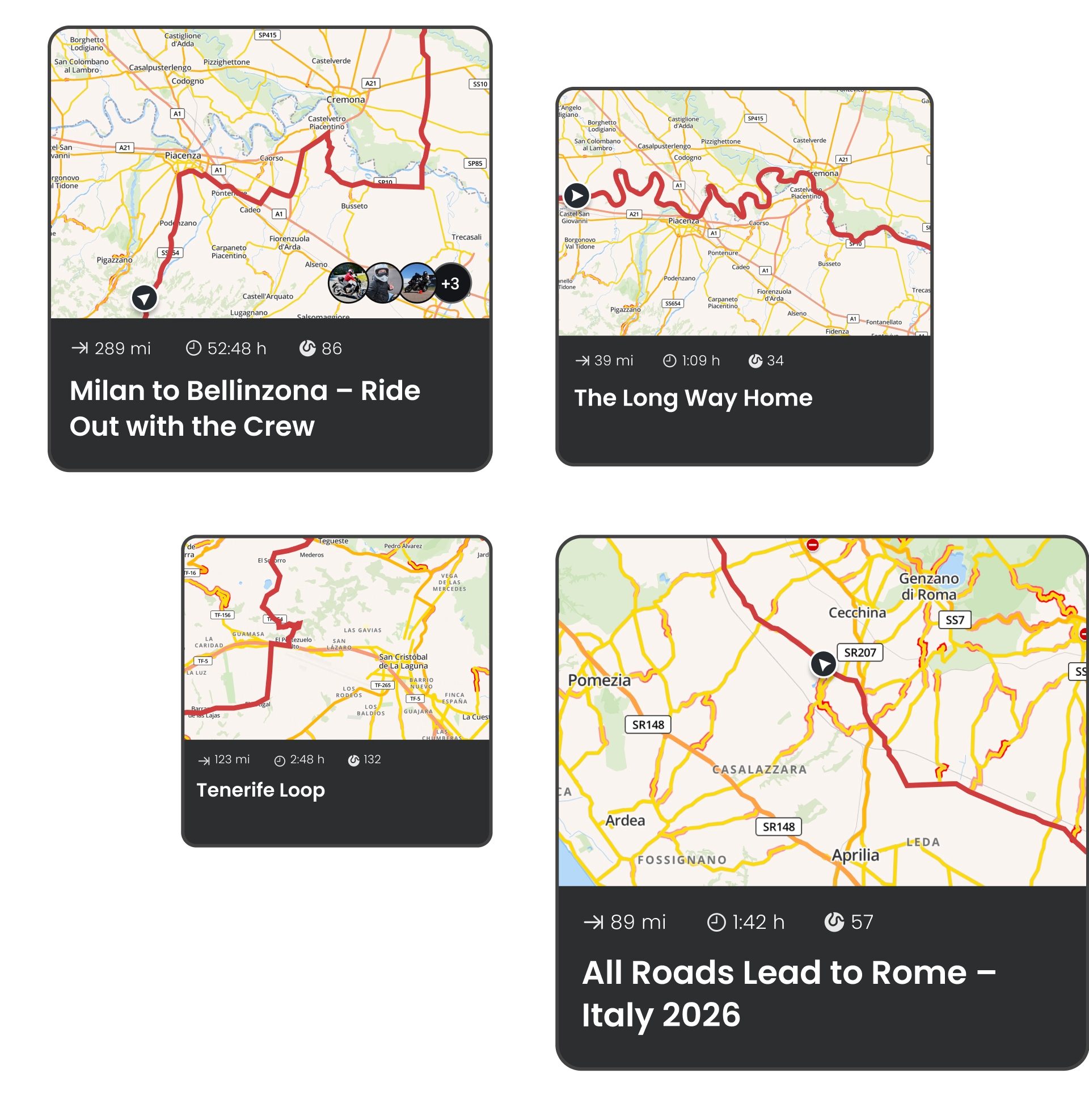 Vier Karten-Routenvorschauen für Motorradtouren in Europa mit Angaben zu Entfernung, Dauer und kurvigen Strecken – geplant mit der Motorradnavigations-App von calimoto