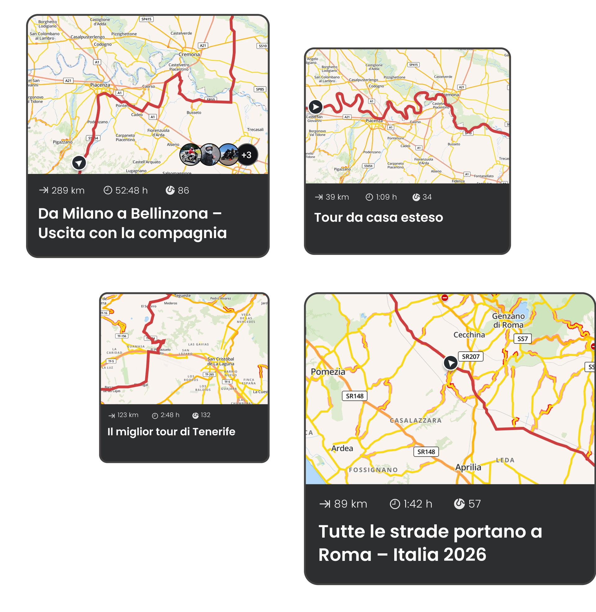 Vier Karten-Routenvorschauen für Motorradtouren in Europa mit Angaben zu Entfernung, Dauer und kurvigen Strecken – geplant mit der Motorradnavigations-App von calimoto