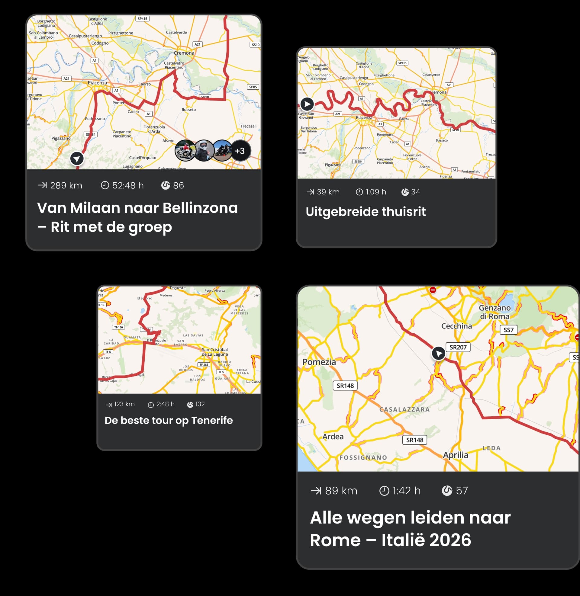 Vier Karten-Routenvorschauen für Motorradtouren in Europa mit Angaben zu Entfernung, Dauer und kurvigen Strecken – geplant mit der Motorradnavigations-App von calimoto