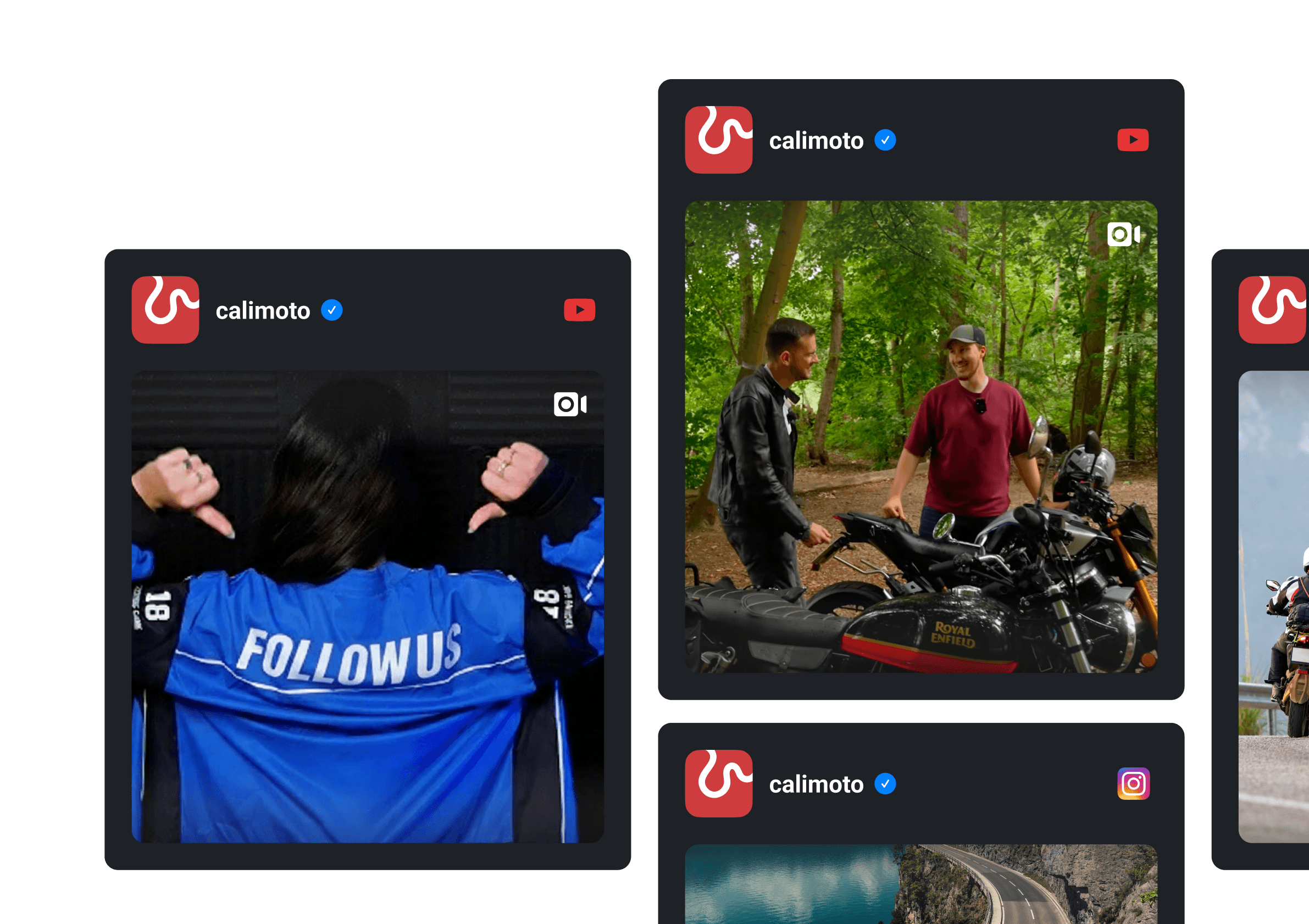 Example social media posts from calimoto on YouTube and Instagram.