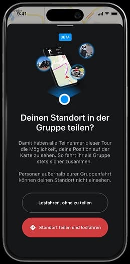Smartphone-Display unserer Motorrad-Navigations-App mit Standortfreigabe für Gruppen – teile deine Motorradtour über kurvige Straßen live mit deinen Freunden.