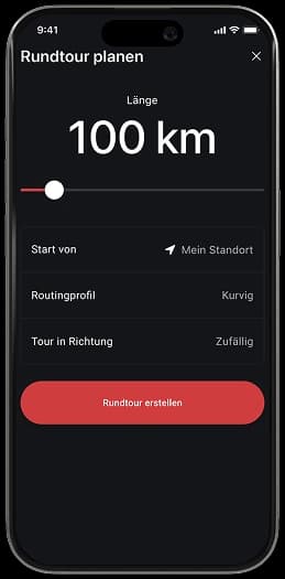 Smartphone-Display unserer Motorradnavigation zeigt die Planung einer 100-km-Rundtour – erstelle mit dem Motorrad-Routenplaner individuelle Touren über kurvige Straßen und durch schöne Landschaften.