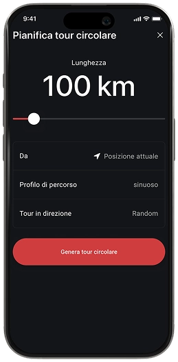 Smartphone-Display unserer Motorradnavigation zeigt die Planung einer 100-km-Rundtour – erstelle mit dem Motorrad-Routenplaner individuelle Touren über kurvige Straßen und durch schöne Landschaften.