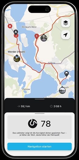 Smartphone-Display unseres Motorrad-Routenplaners mit fertiger Tour – starte die Motorradnavigation auf Knopfdruck und genieße kurvige Straßen in schönen Landschaften.