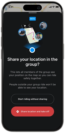 Smartphone-Display unserer Motorrad-Navigations-App mit Standortfreigabe für Gruppen – teile deine Motorradtour über kurvige Straßen live mit deinen Freunden.