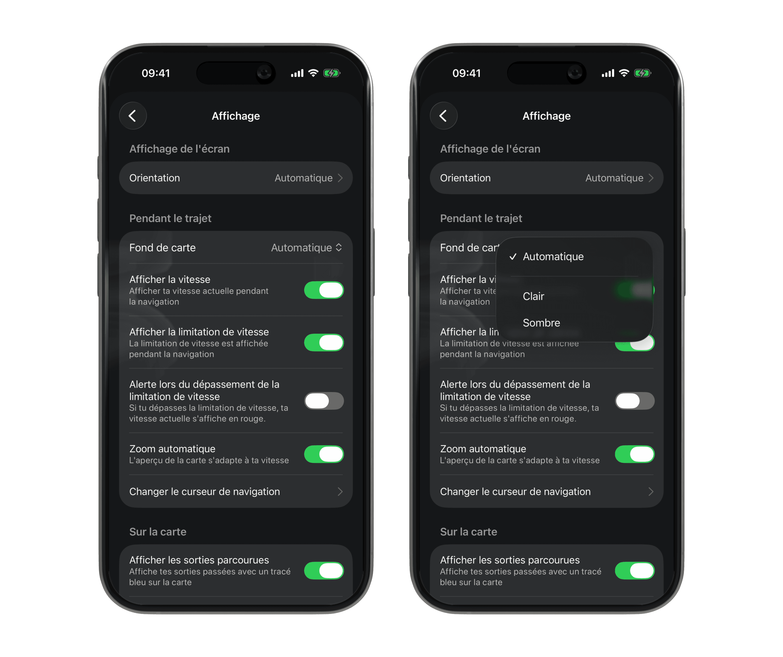 Options de réglage « Clair », « Sombre » et « Automatique »