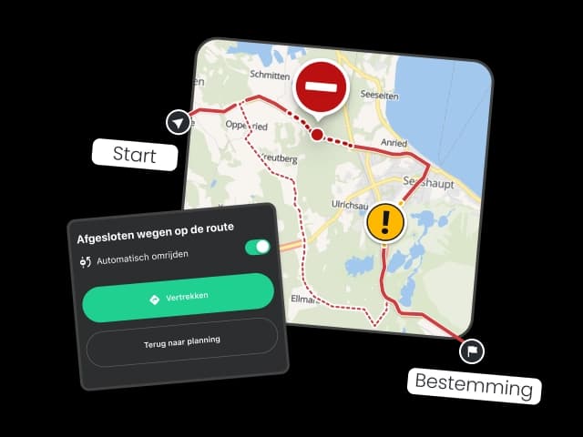 Karte einer Motorradroute mit Warnsymbol für eine Straßensperrung – unsere Motorradnavigation berechnet sofort eine Umleitung über alternative kurvige Straßen ans Ziel.