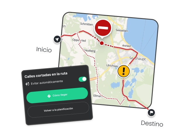 Karte einer Motorradroute mit Warnsymbol für eine Straßensperrung – unsere Motorradnavigation berechnet sofort eine Umleitung über alternative kurvige Straßen ans Ziel.
