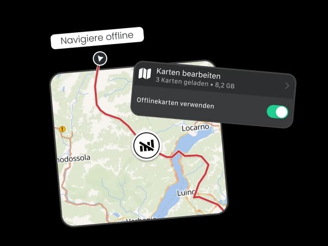 Digitale Karte der Motorradnavigation mit roter Route bei Locarno – lade Offline-Karten herunter, um kurvige Straßen und malerische Landschaften jederzeit ohne Internet zu genießen.