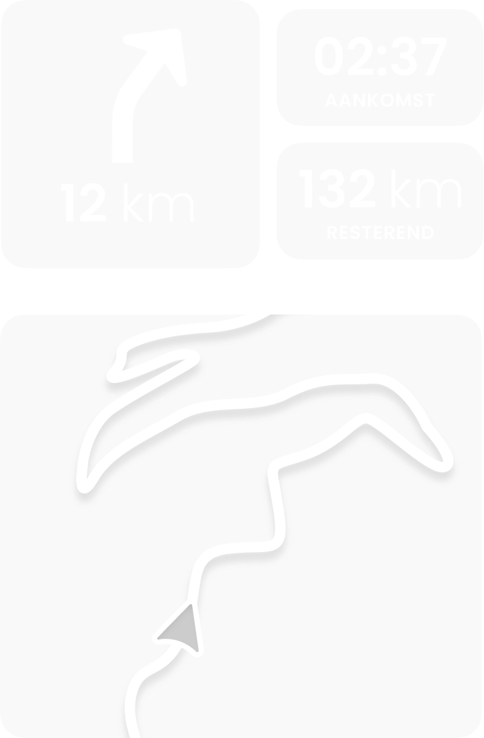 Grafische weergave van de navigatie-elementen: aankomsttijd, routebegeleiding en routeverloop.