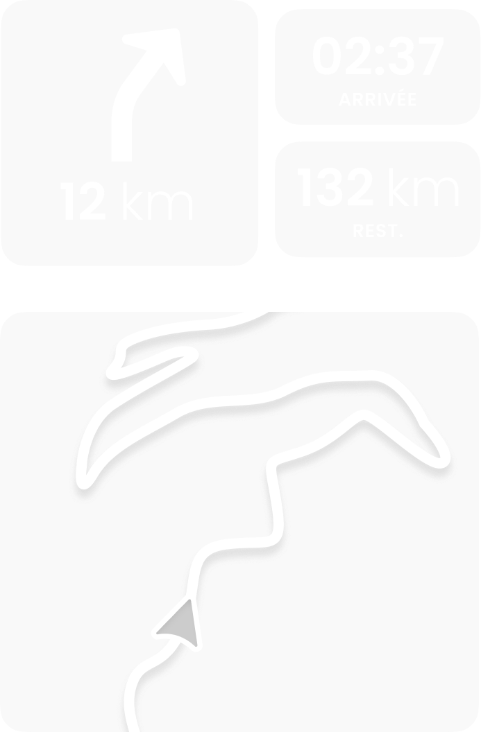 Représentation graphique des éléments de navigation : heure d'arrivée, guidage et affichage de l'itinéraire.