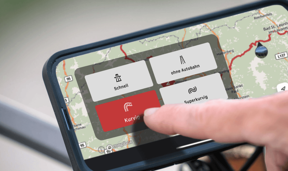 Schnell, kurvig, ohne Autobahn oder superkurvig: Wähle die Eigenschaften deiner Tour.