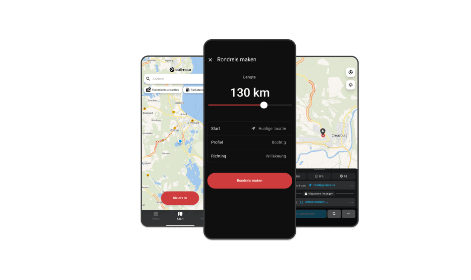 Drie screenshots van de calimoto-app: zo plan je jouw motorrit.