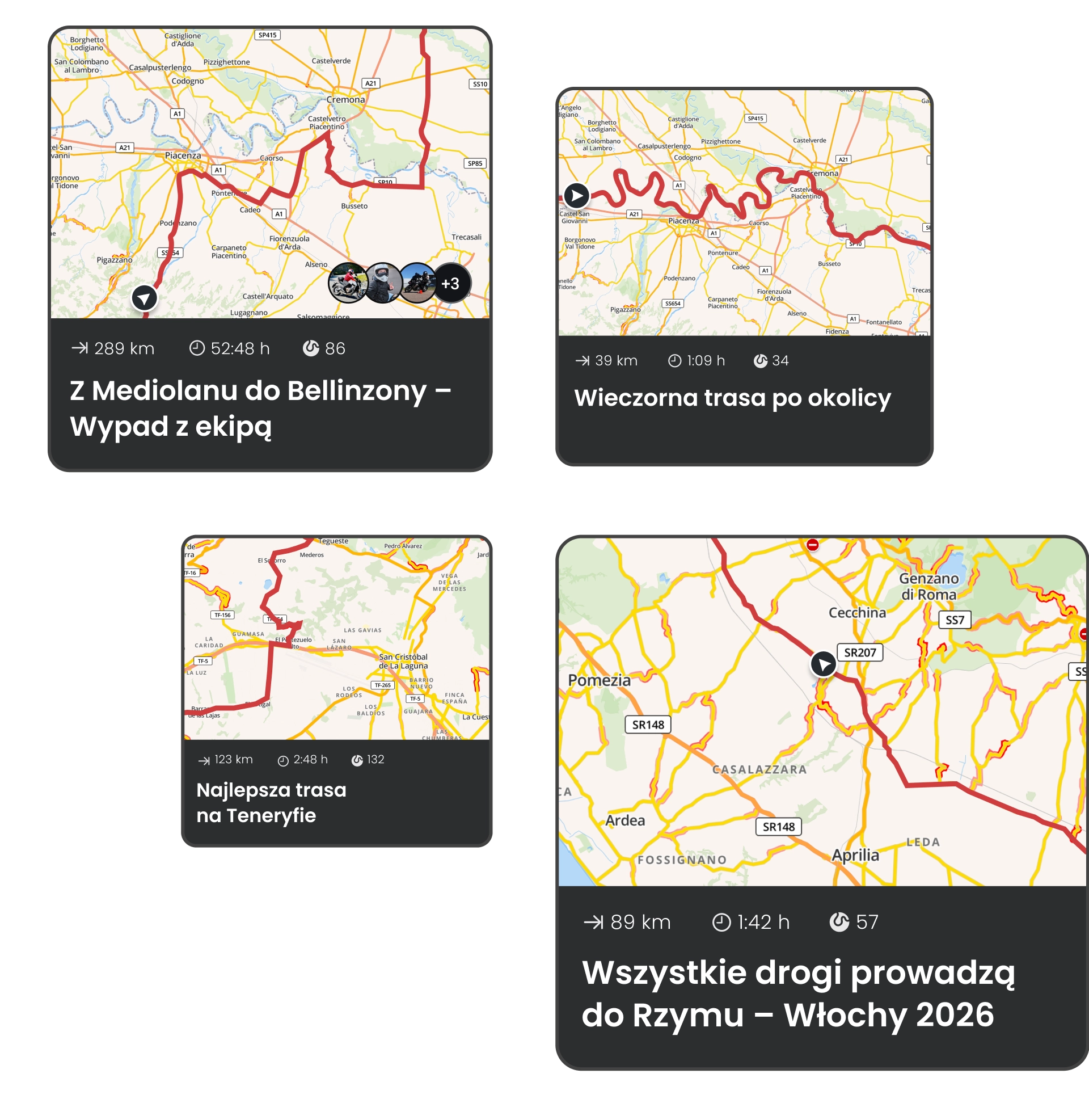 Vier Karten-Routenvorschauen für Motorradtouren in Europa mit Angaben zu Entfernung, Dauer und kurvigen Strecken – geplant mit der Motorradnavigations-App von calimoto