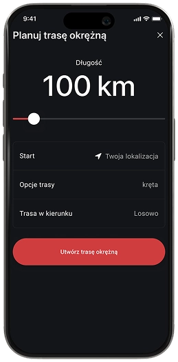 Smartphone-Display unserer Motorradnavigation zeigt die Planung einer 100-km-Rundtour – erstelle mit dem Motorrad-Routenplaner individuelle Touren über kurvige Straßen und durch schöne Landschaften.