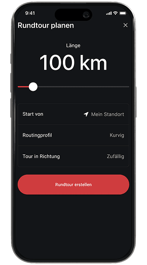 Smartphone-Display unserer Motorradnavigation zeigt die Planung einer 100-km-Rundtour – erstelle mit dem Motorrad-Routenplaner individuelle Touren über kurvige Straßen und durch schöne Landschaften.
