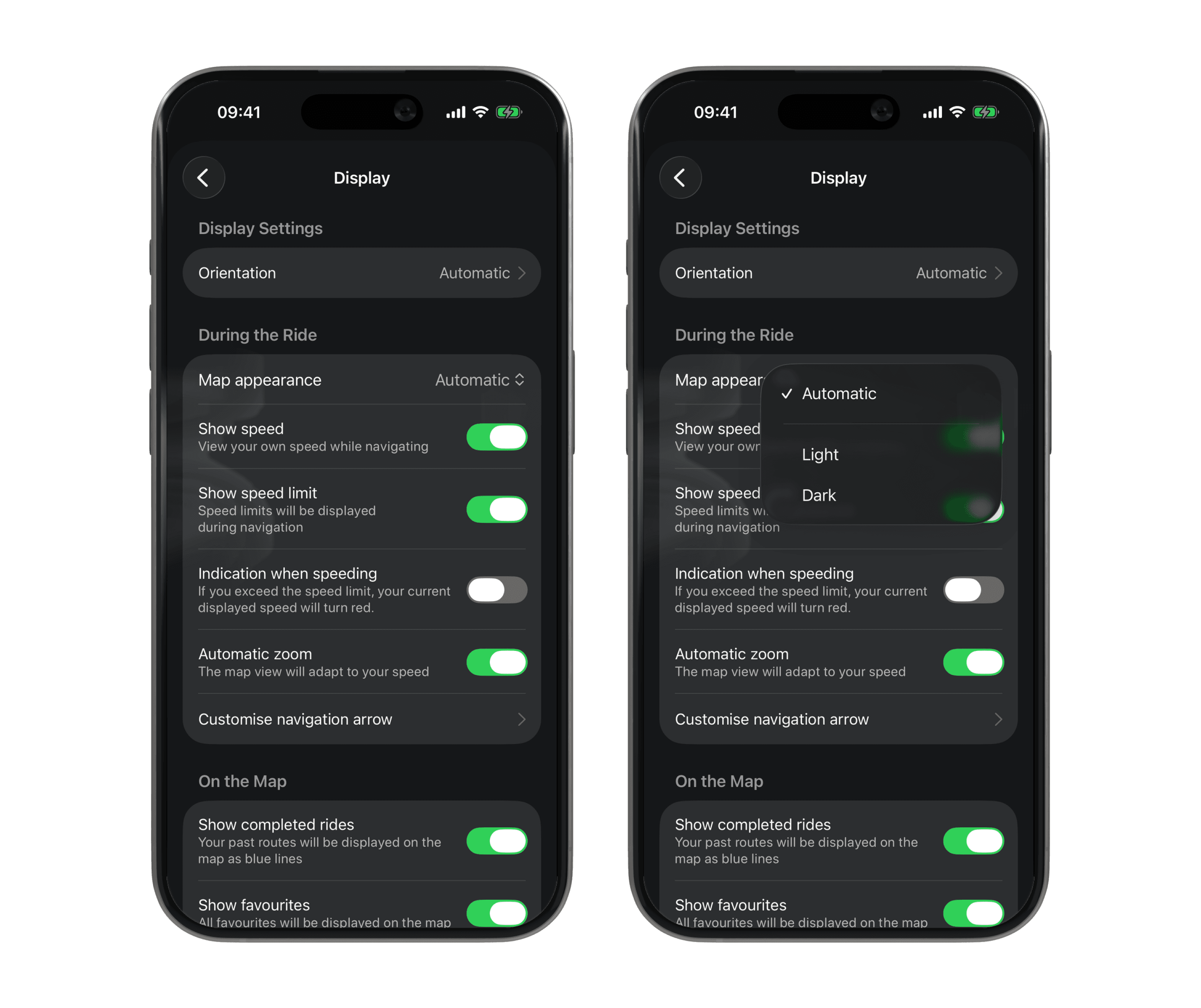 Map style options for "Light," "Dark," and "Automatic"