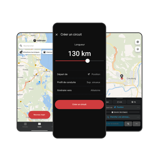 Trois captures d'écran de l'application calimoto : voici comment planifier votre balade à moto.