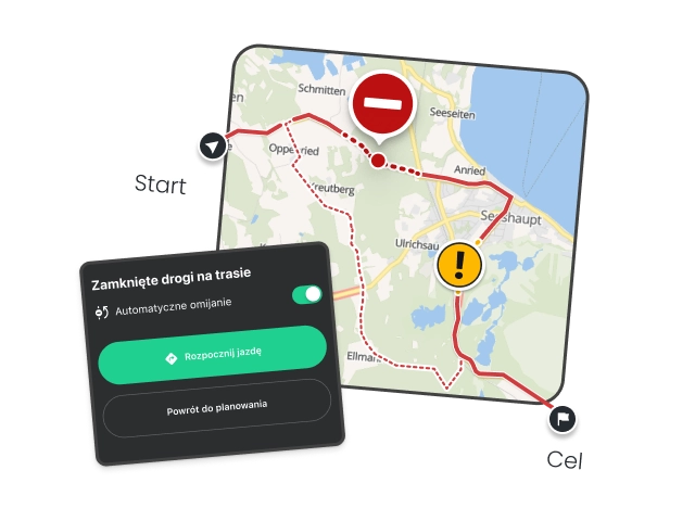 Karte einer Motorradroute mit Warnsymbol für eine Straßensperrung – unsere Motorradnavigation berechnet sofort eine Umleitung über alternative kurvige Straßen ans Ziel.