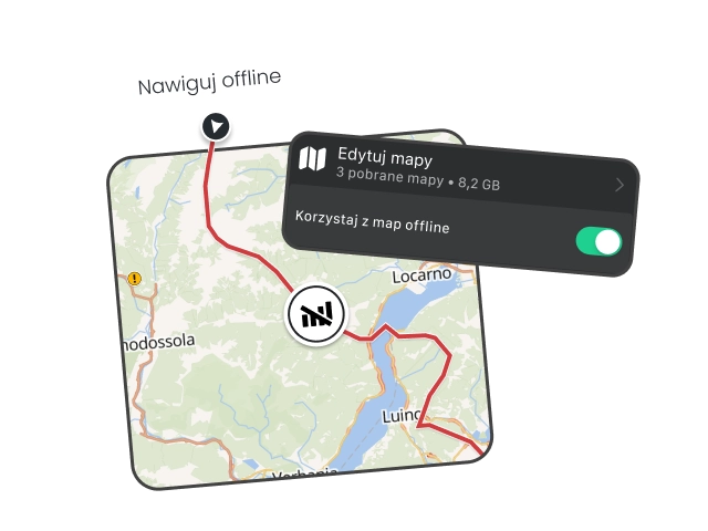 Digitale Karte der Motorradnavigation mit roter Route bei Locarno – lade Offline-Karten herunter, um kurvige Straßen und malerische Landschaften jederzeit ohne Internet zu genießen.