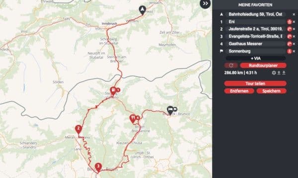 Eine Route in der calimoto-App mit Routingkombinationen